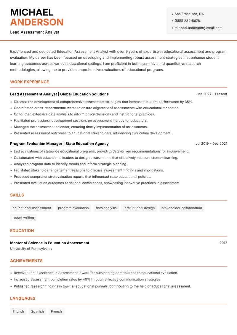 Education Assessment Analyst Resume Template