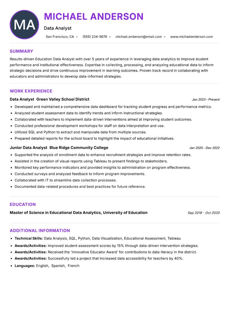 Education Data Analyst Resume Preview Example