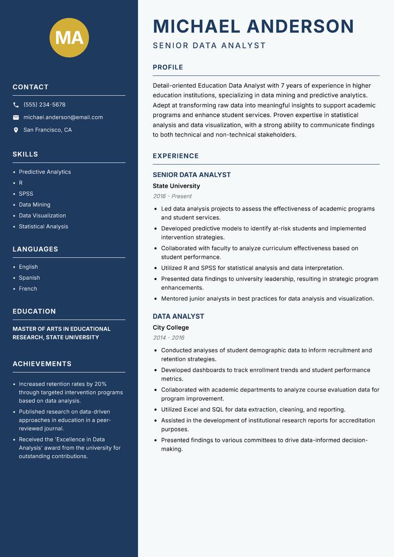 Education Data Analyst Resume Preview Example