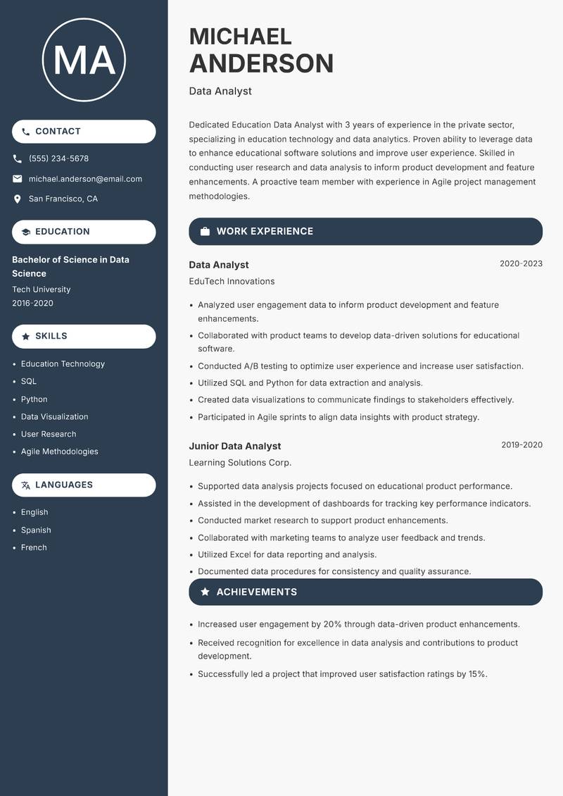 Education Data Analyst Resume Preview Example
