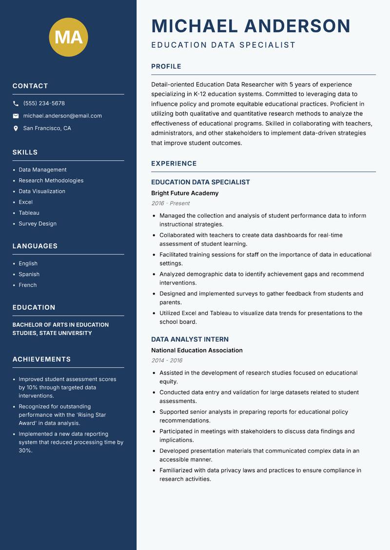 Education Data Researcher Resume Preview Example