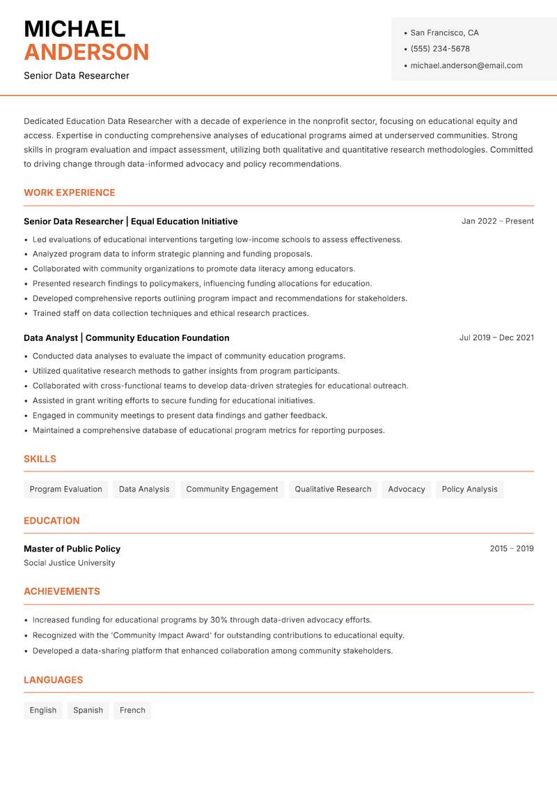 Education Data Researcher Resume Template