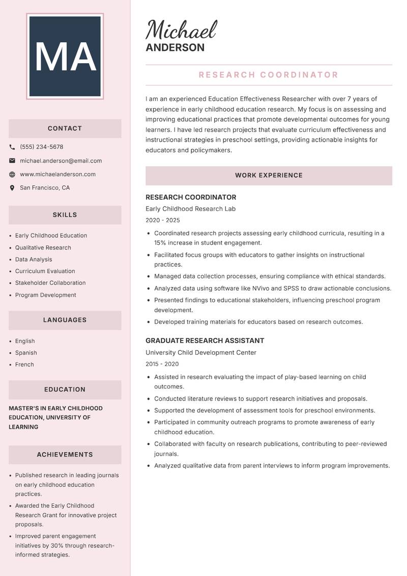 Education Effectiveness Researcher Resume Preview Example