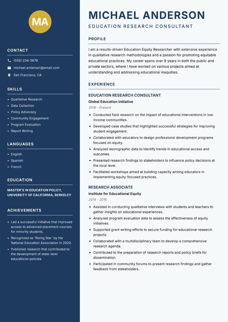 Education Equity Researcher Resume Preview Example