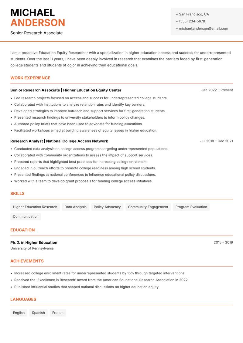 Education Equity Researcher Resume Template