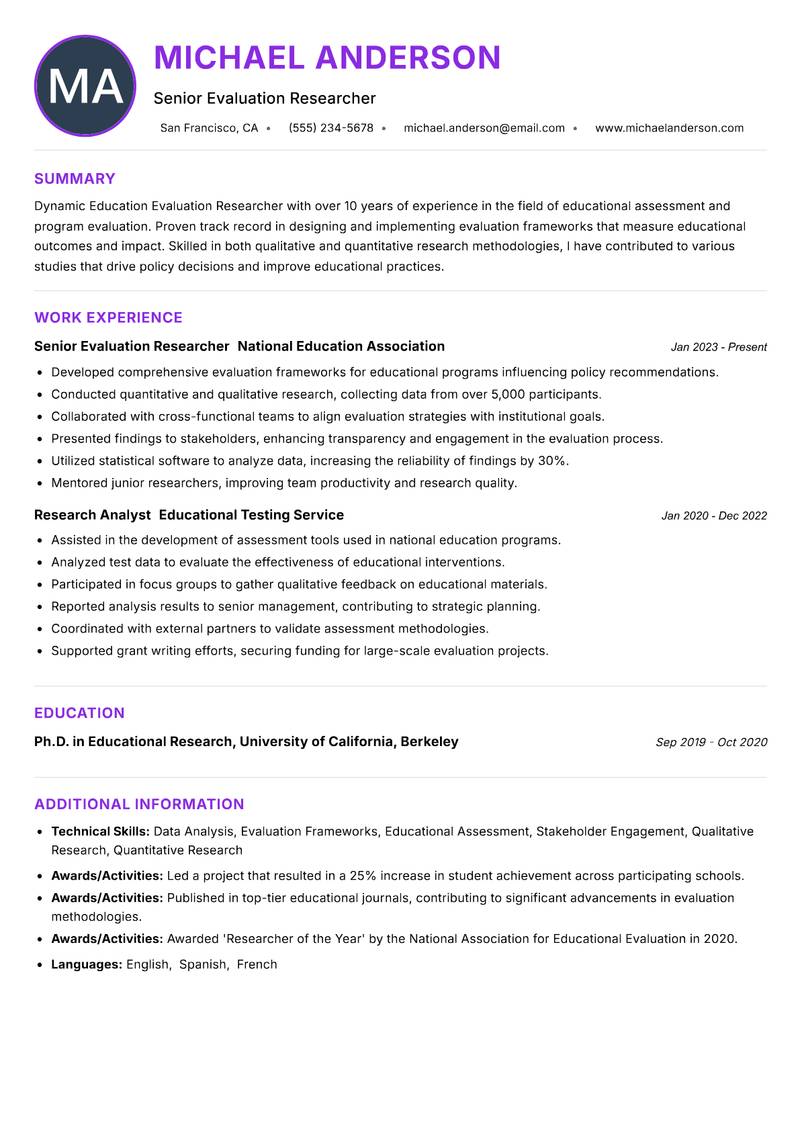 Education Evaluation Researcher Resume Preview Example