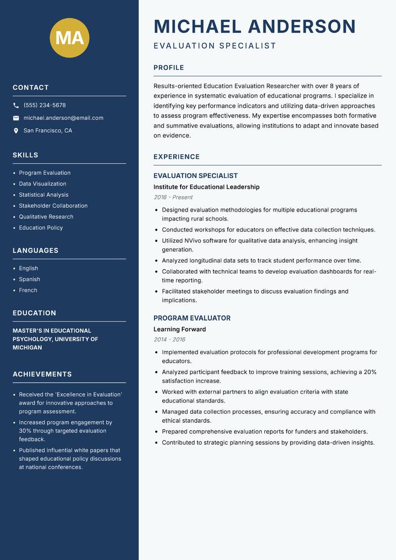 Education Evaluation Researcher Resume Preview Example