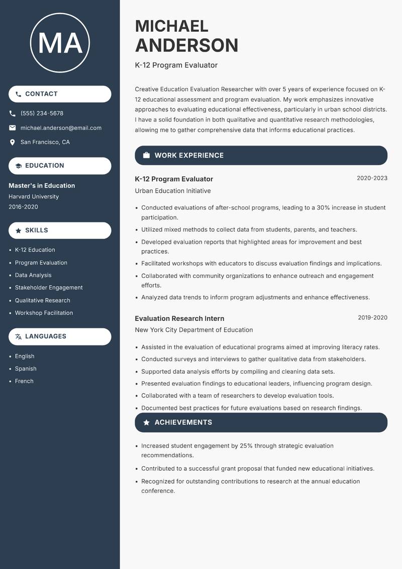 Education Evaluation Researcher Resume Preview Example
