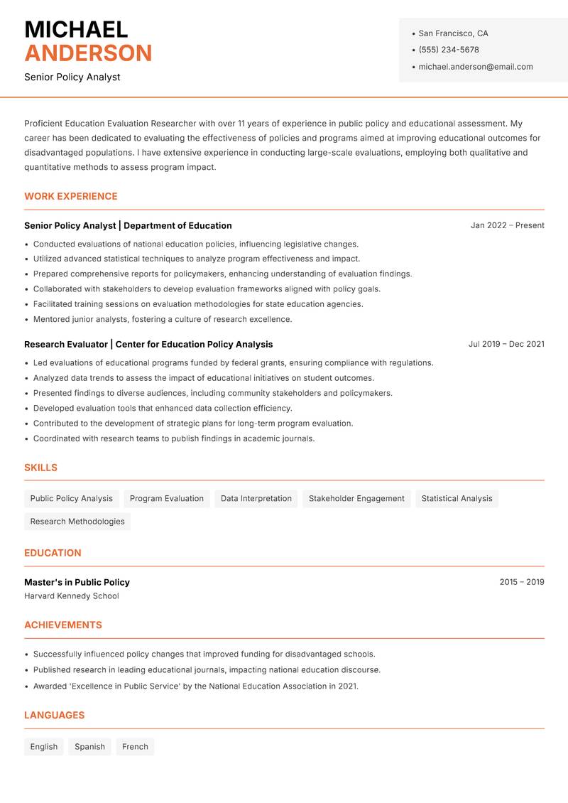 Education Evaluation Researcher Resume Template