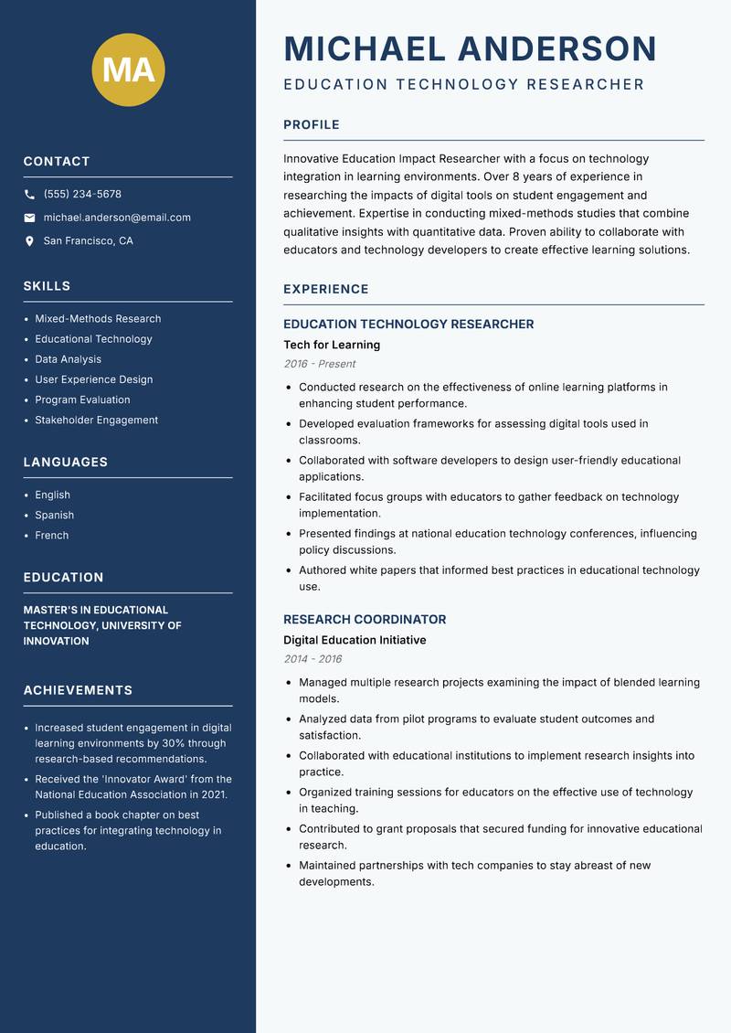 Education Impact Researcher Resume Preview Example