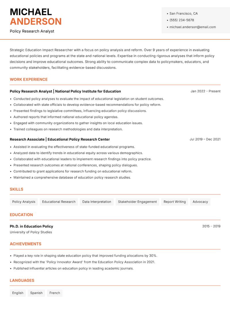 Education Impact Researcher Resume Template