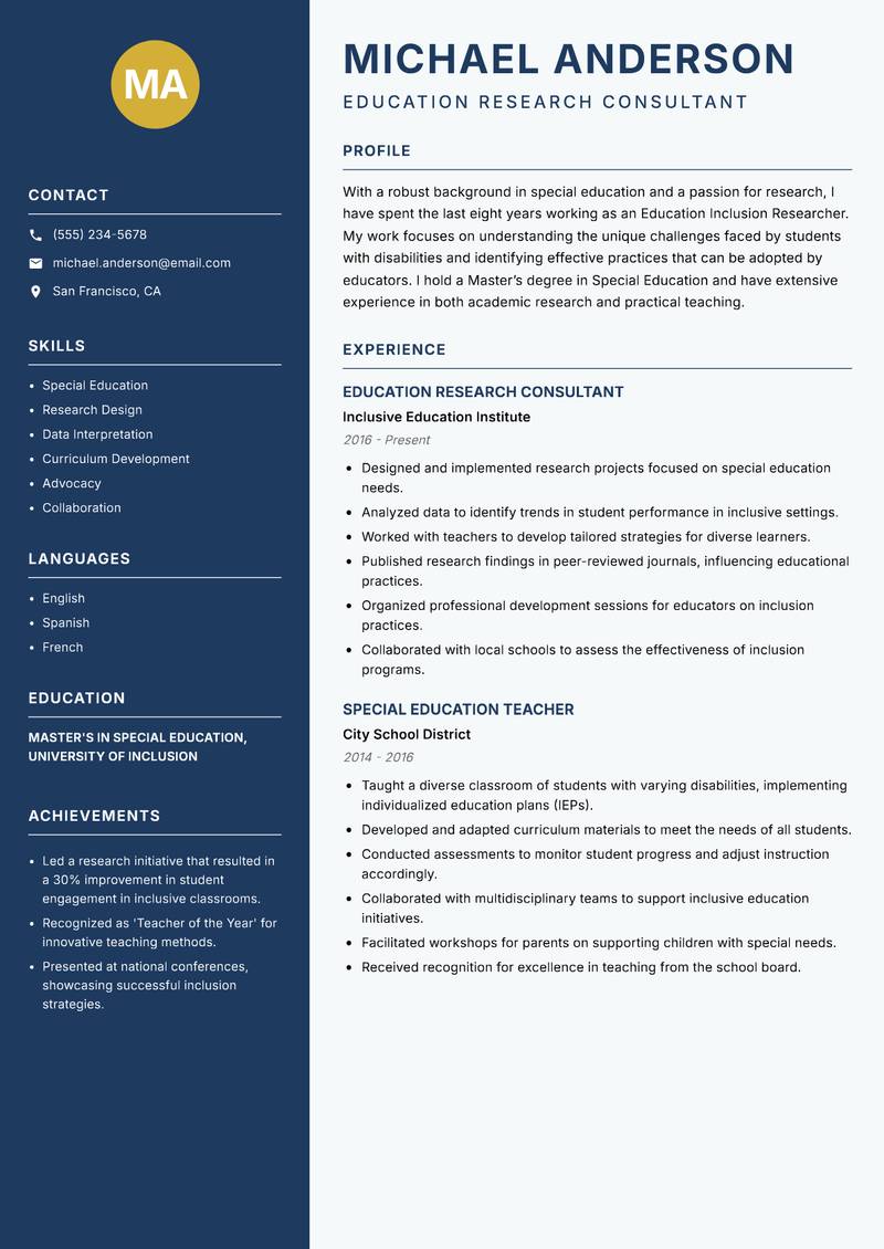 Education Inclusion Researcher Resume Preview Example