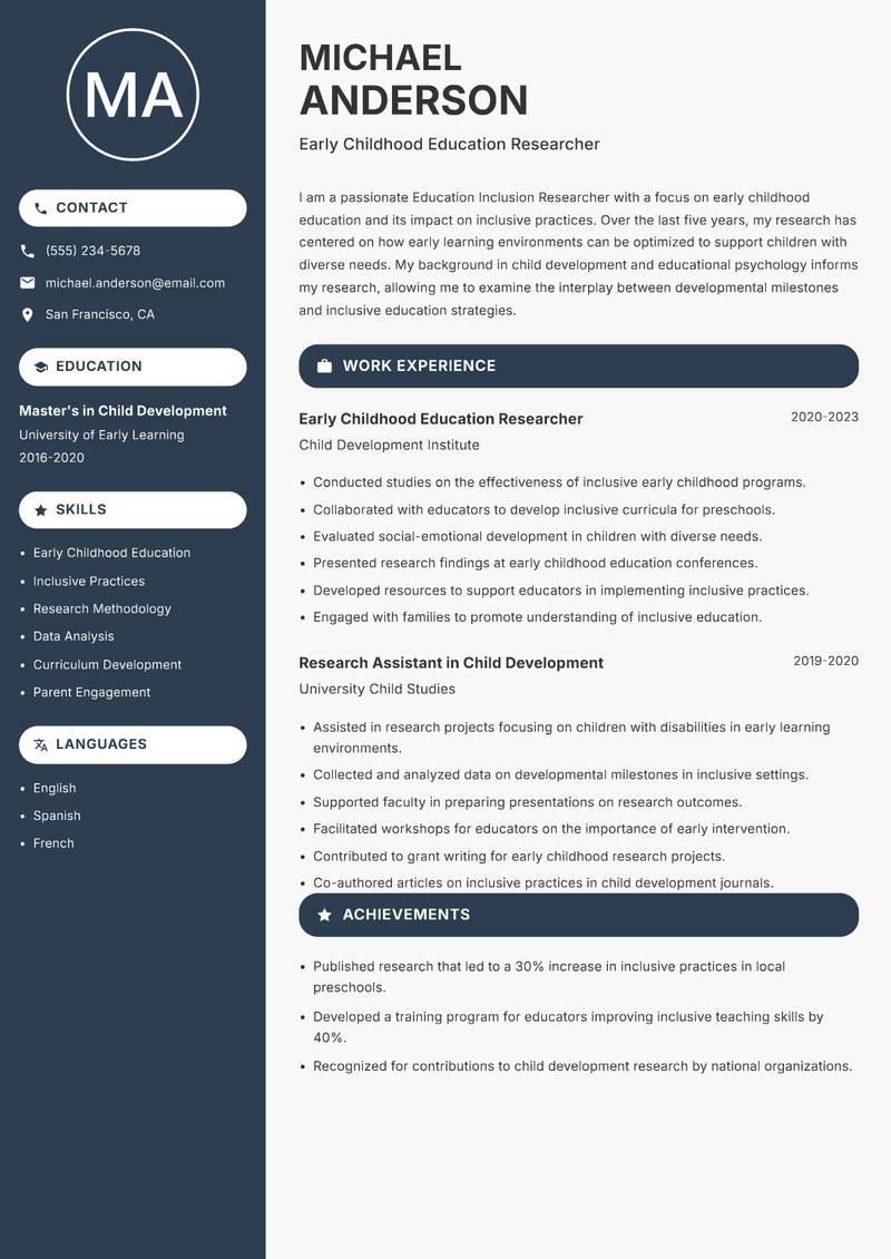 Education Inclusion Researcher Resume Preview Example
