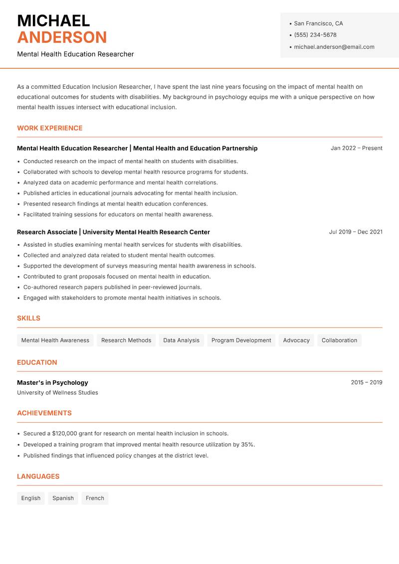 Education Inclusion Researcher Resume Template