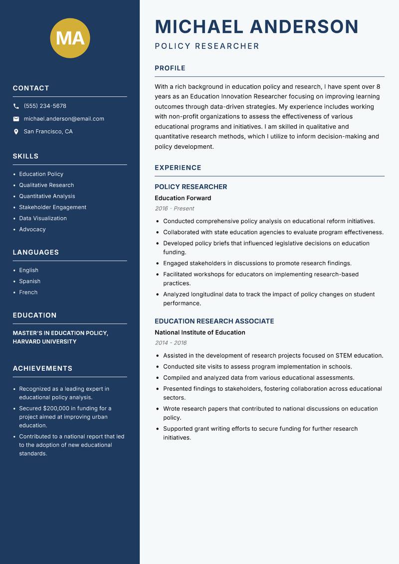 Education Innovation Researcher Resume Preview Example