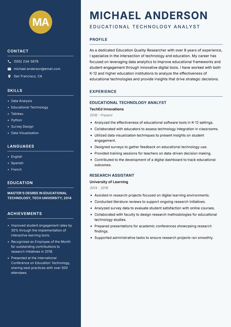 Education Quality Researcher Resume Preview Example