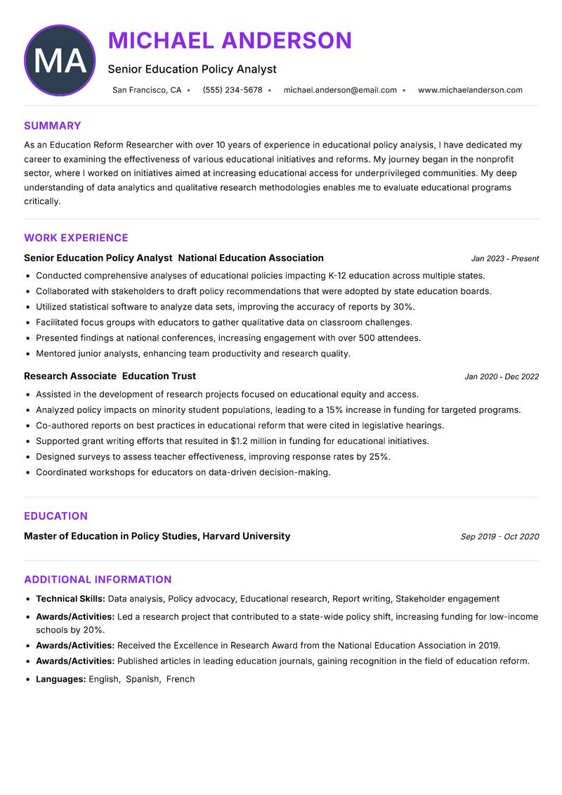 Education Reform Researcher Resume Preview Example