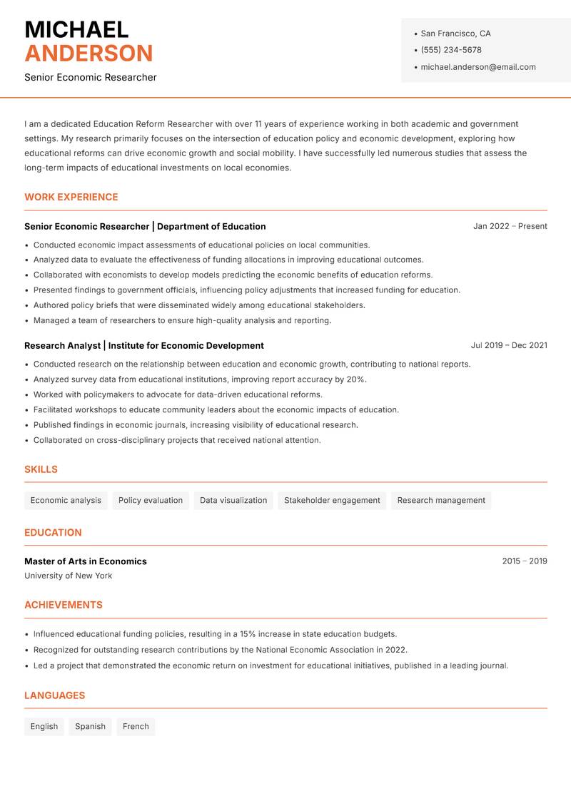 Education Reform Researcher Resume Template