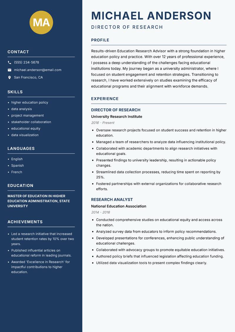 Education Research Advisor Resume Preview Example