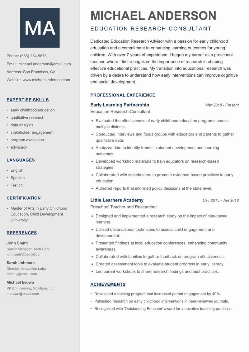 Education Research Advisor Resume Preview Example