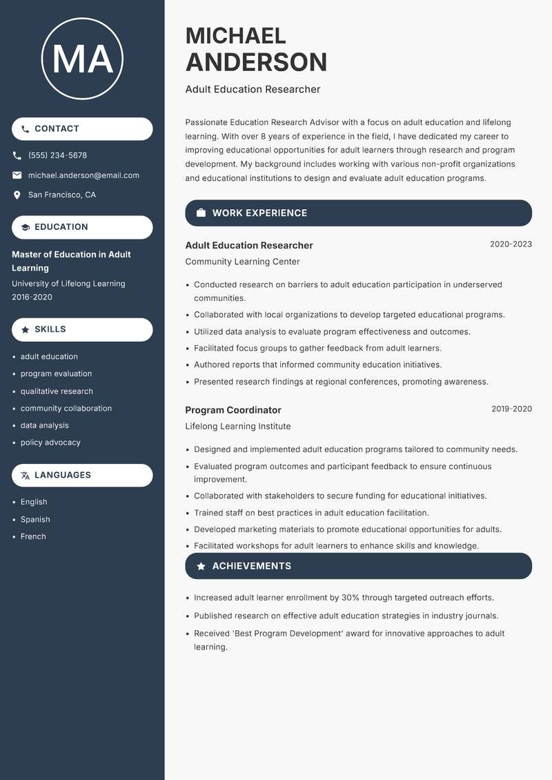 Education Research Advisor Resume Preview Example