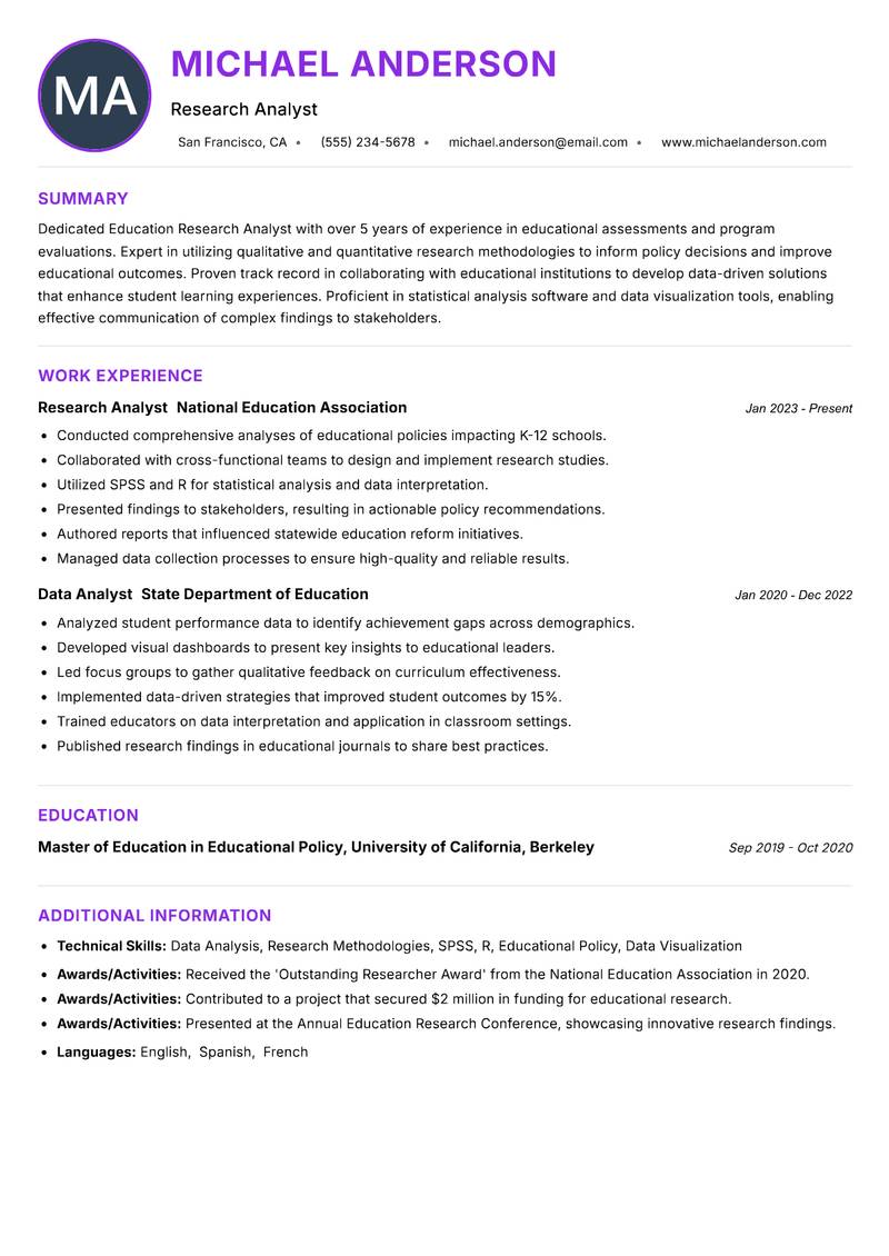 Education Research Analyst Resume Preview Example