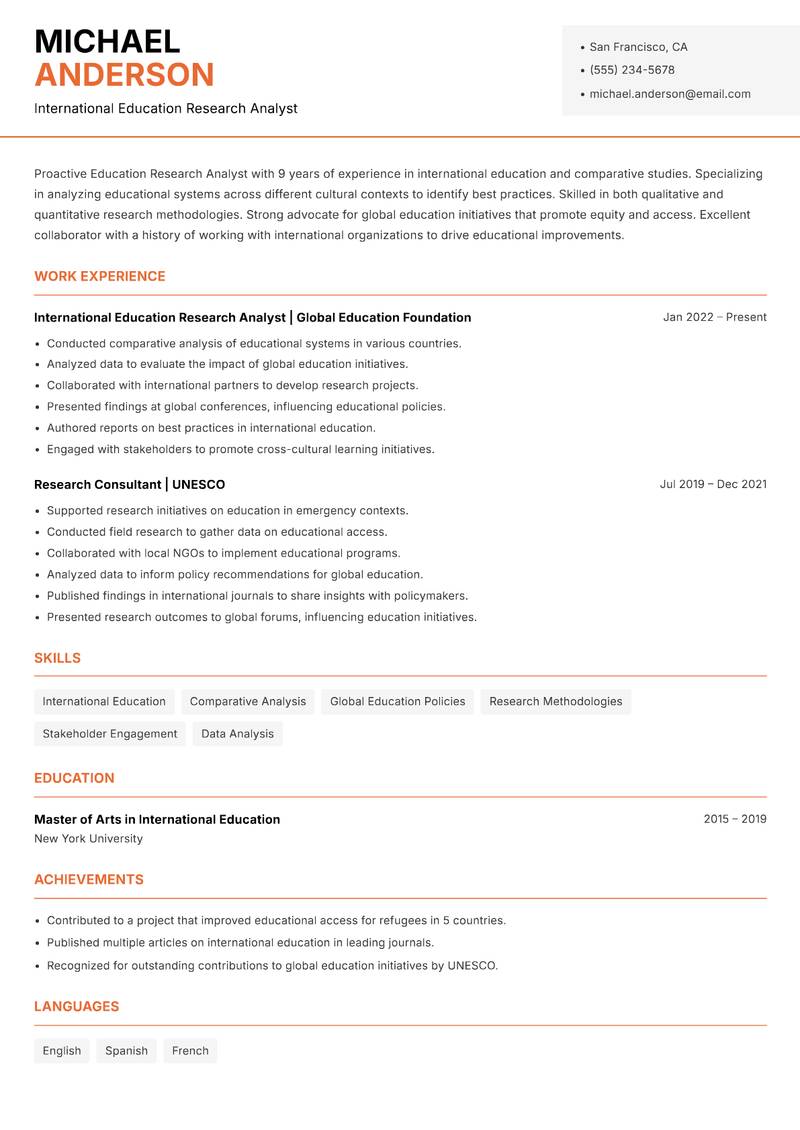 Education Research Analyst Resume Template