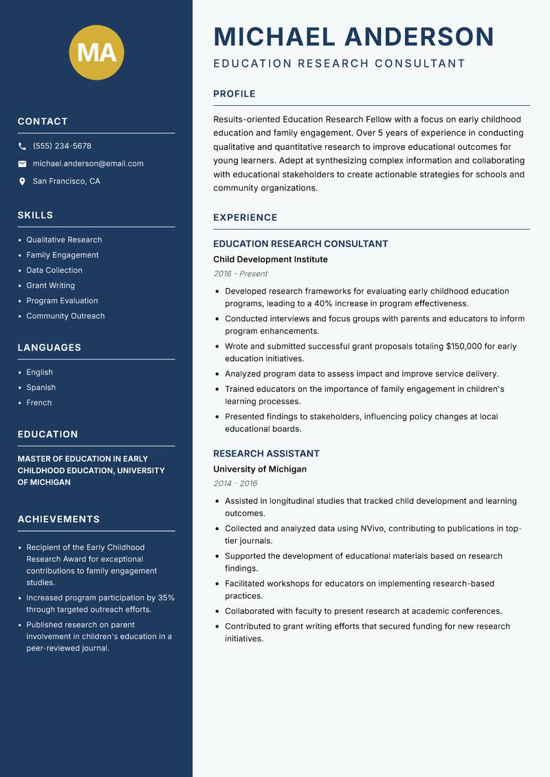 Education Research Fellow Resume Preview Example