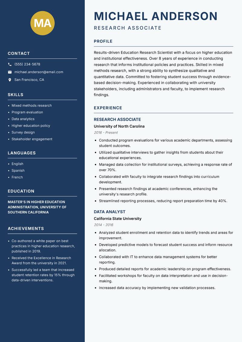 Education Research Scientist Resume Preview Example