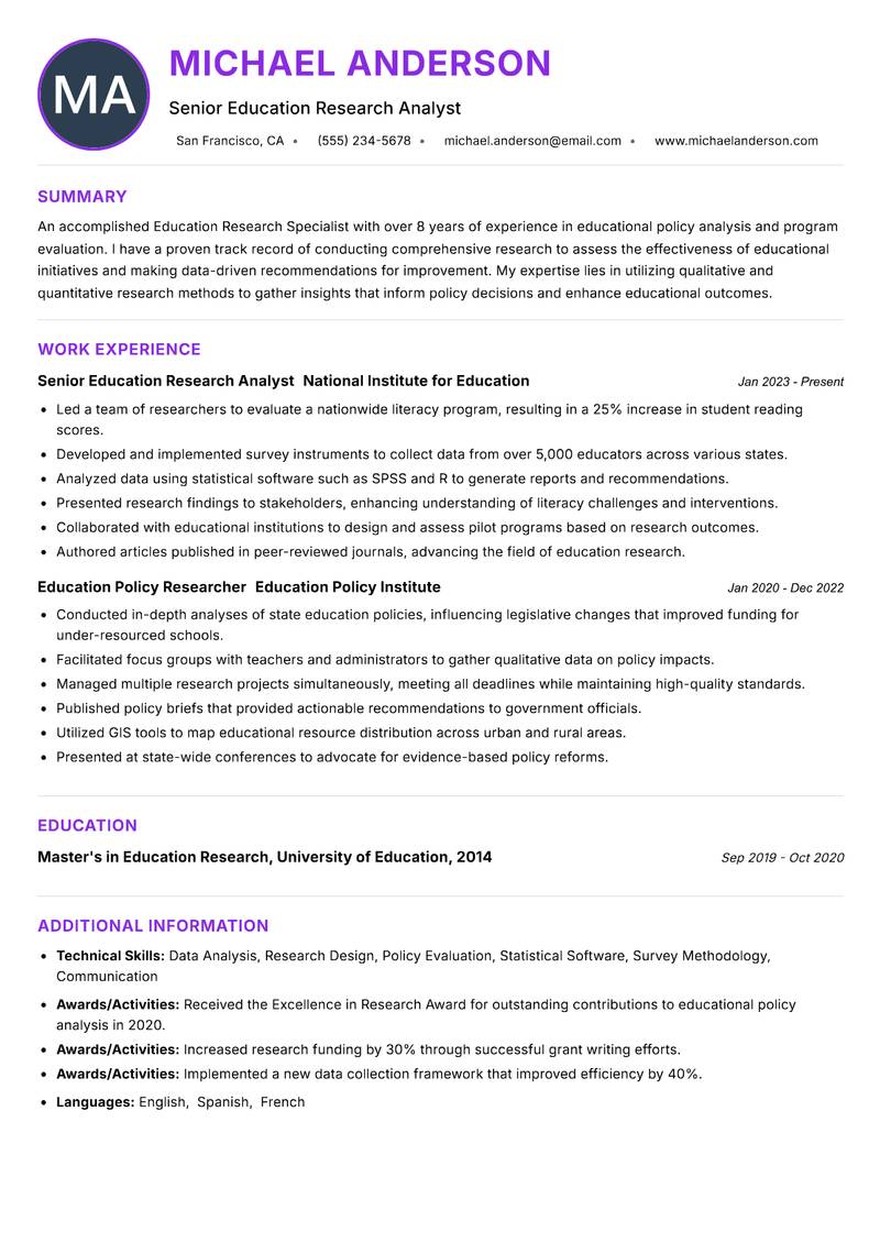 Education Research Specialist Resume Preview Example