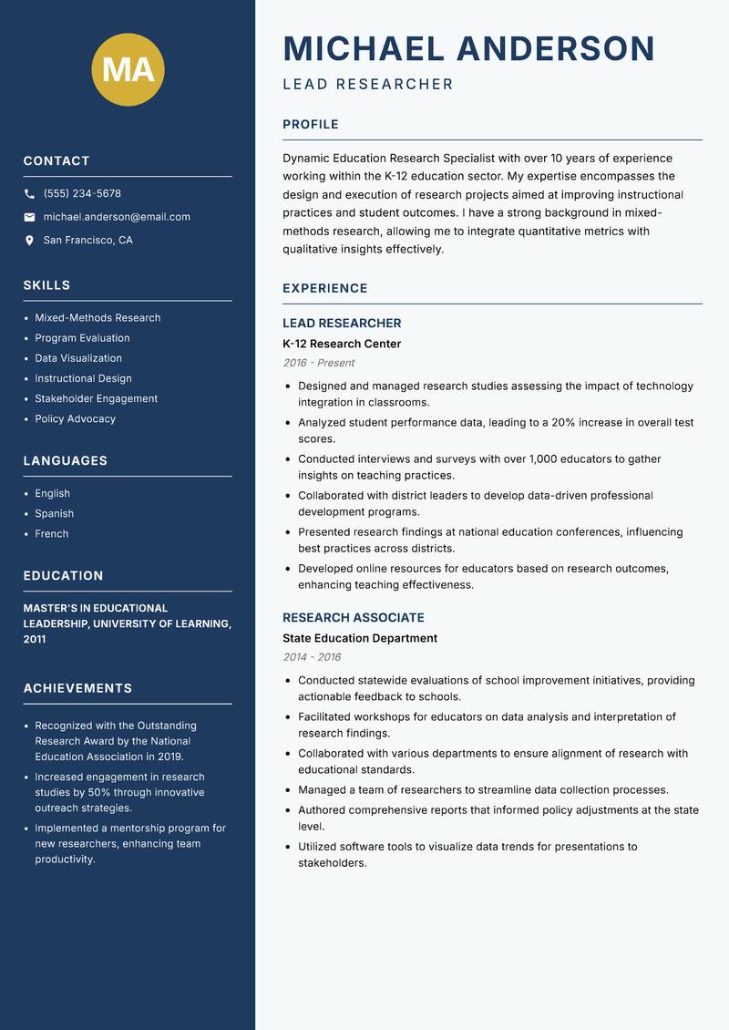 Education Research Specialist Resume Preview Example