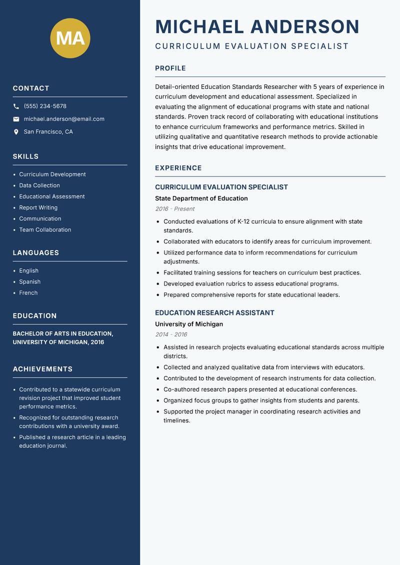 Education Standards Researcher Resume Preview Example