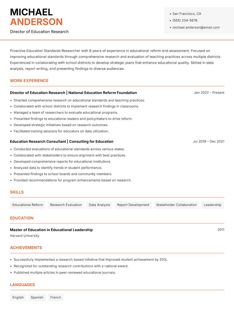 Education Standards Researcher Resume Template
