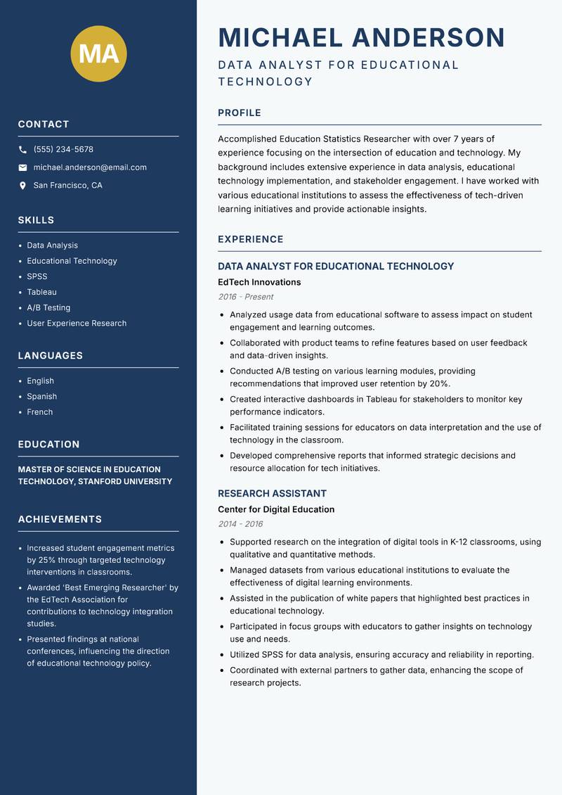 Education Statistics Researcher Resume Preview Example