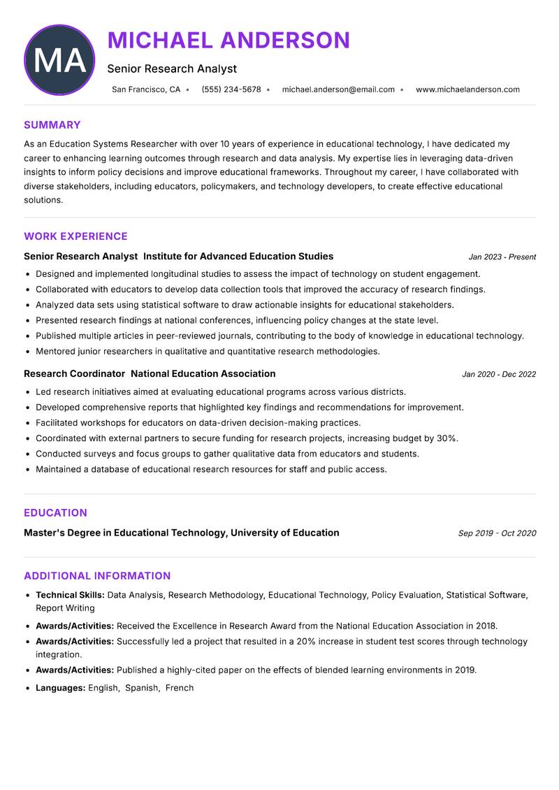 Education Systems Researcher Resume Preview Example