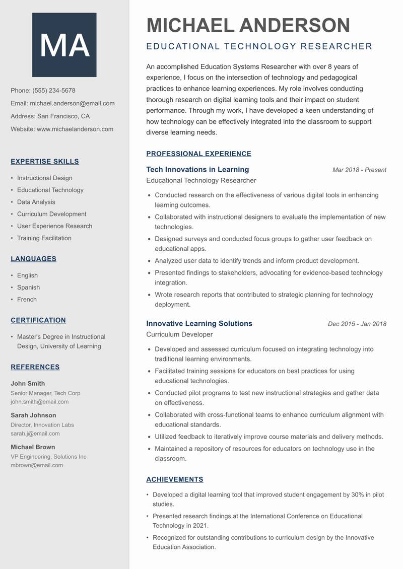 Education Systems Researcher Resume Preview Example