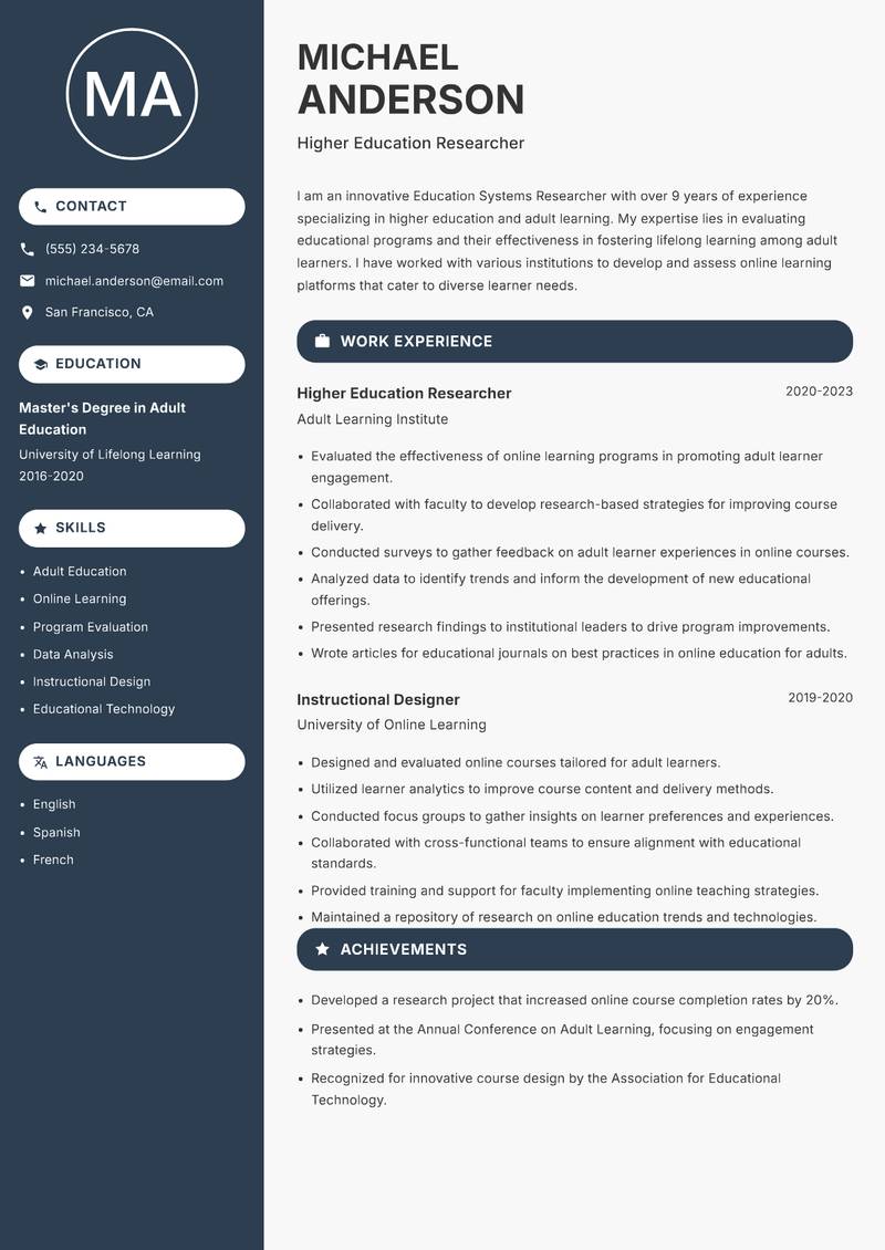 Education Systems Researcher Resume Preview Example