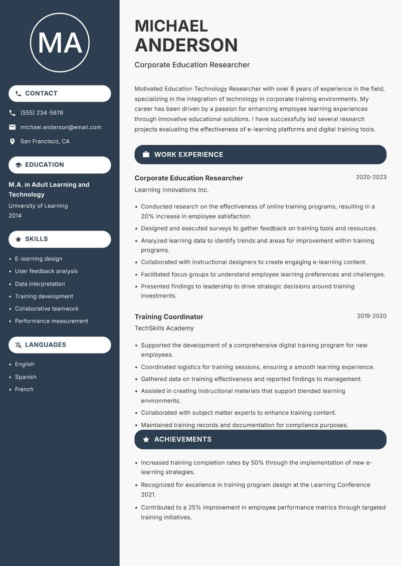 Education Technology Researcher Resume Preview Example
