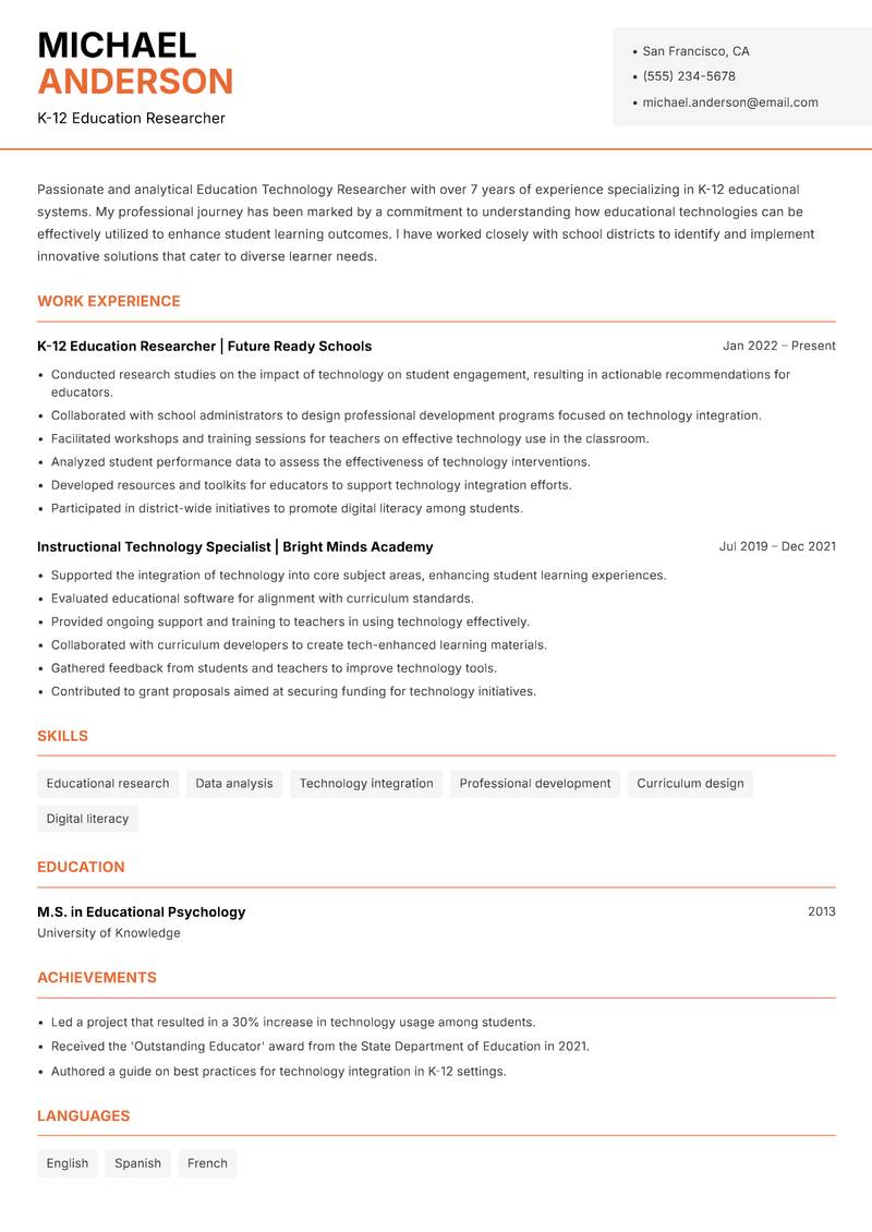Education Technology Researcher Resume Template