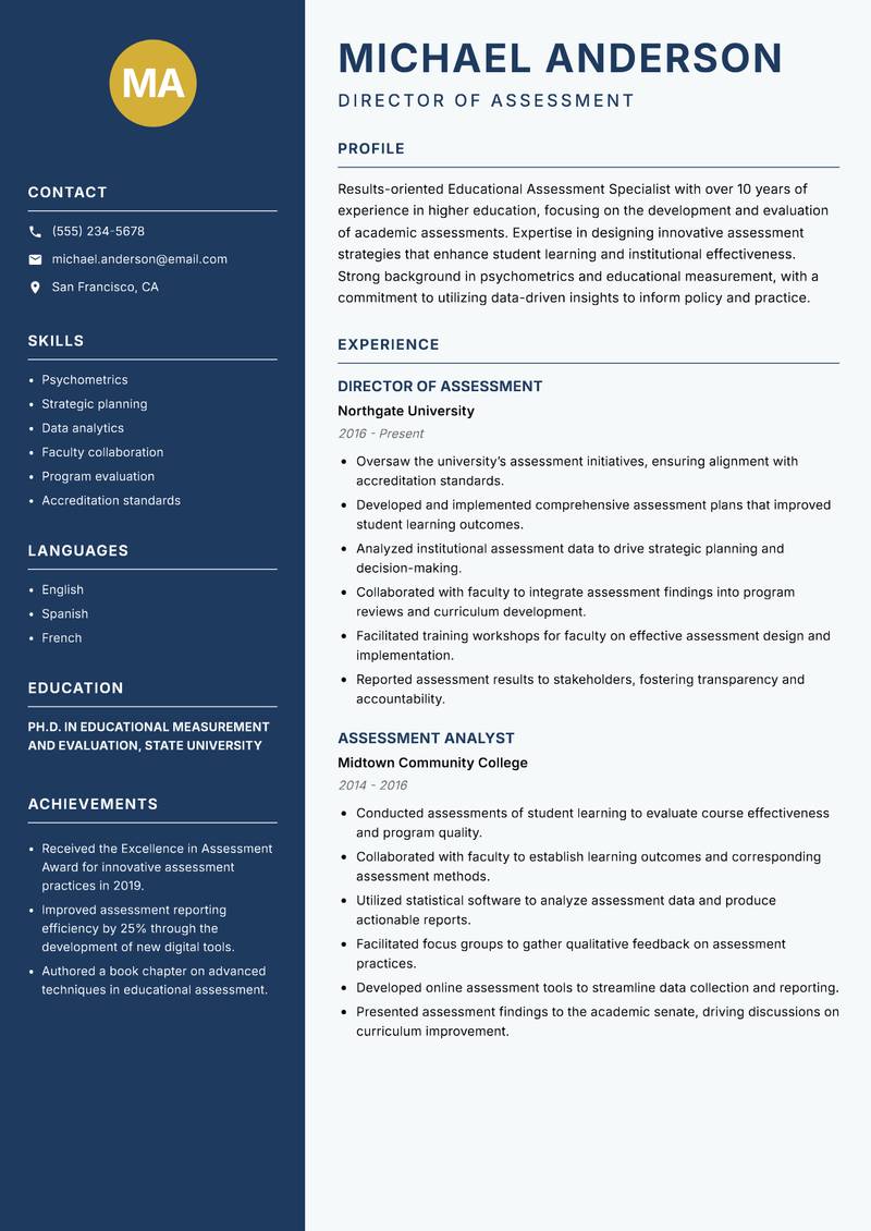 Educational Assessment Specialist Resume Preview Example