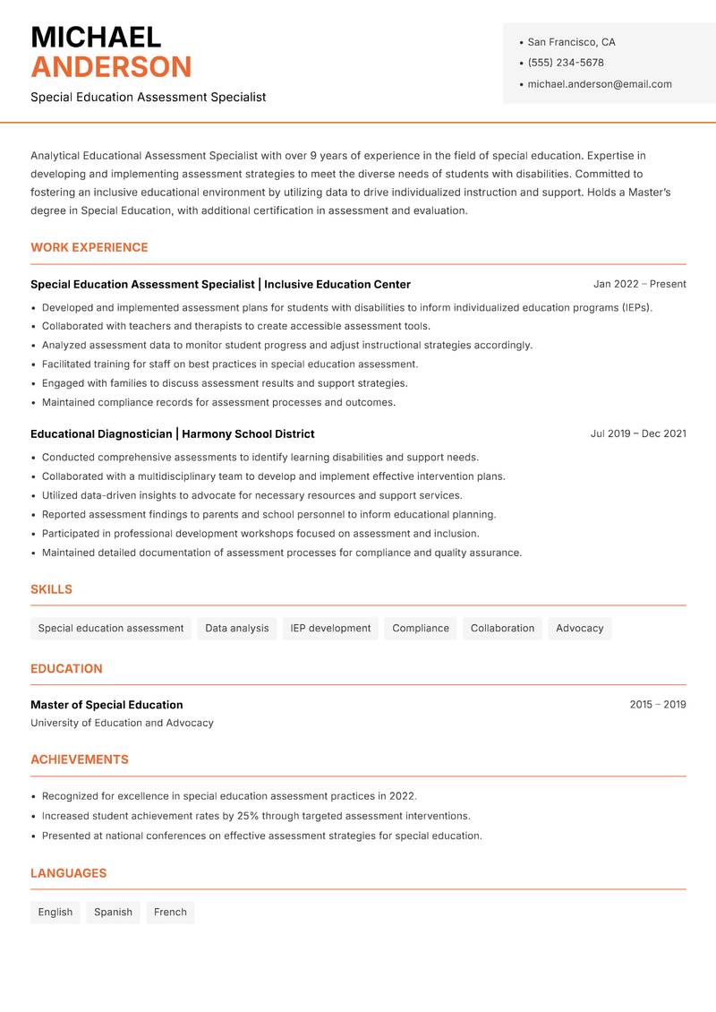 Educational Assessment Specialist Resume Template