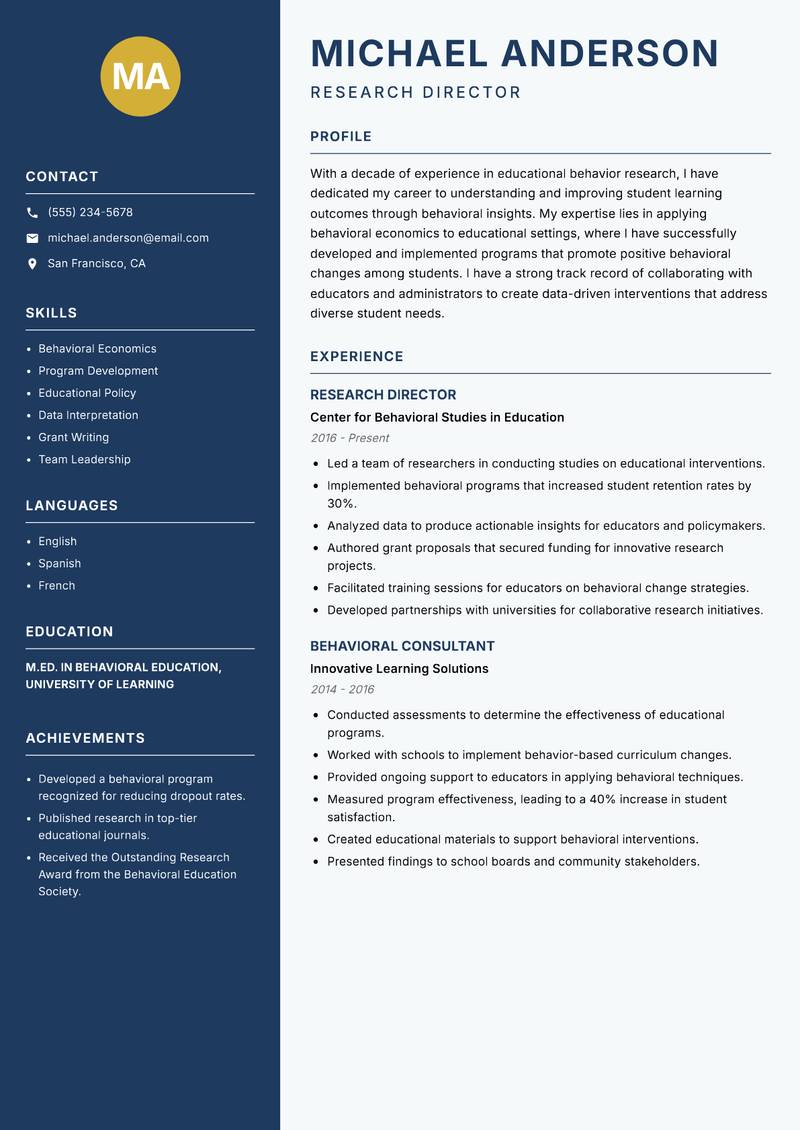 Educational Behavior Researcher Resume Preview Example