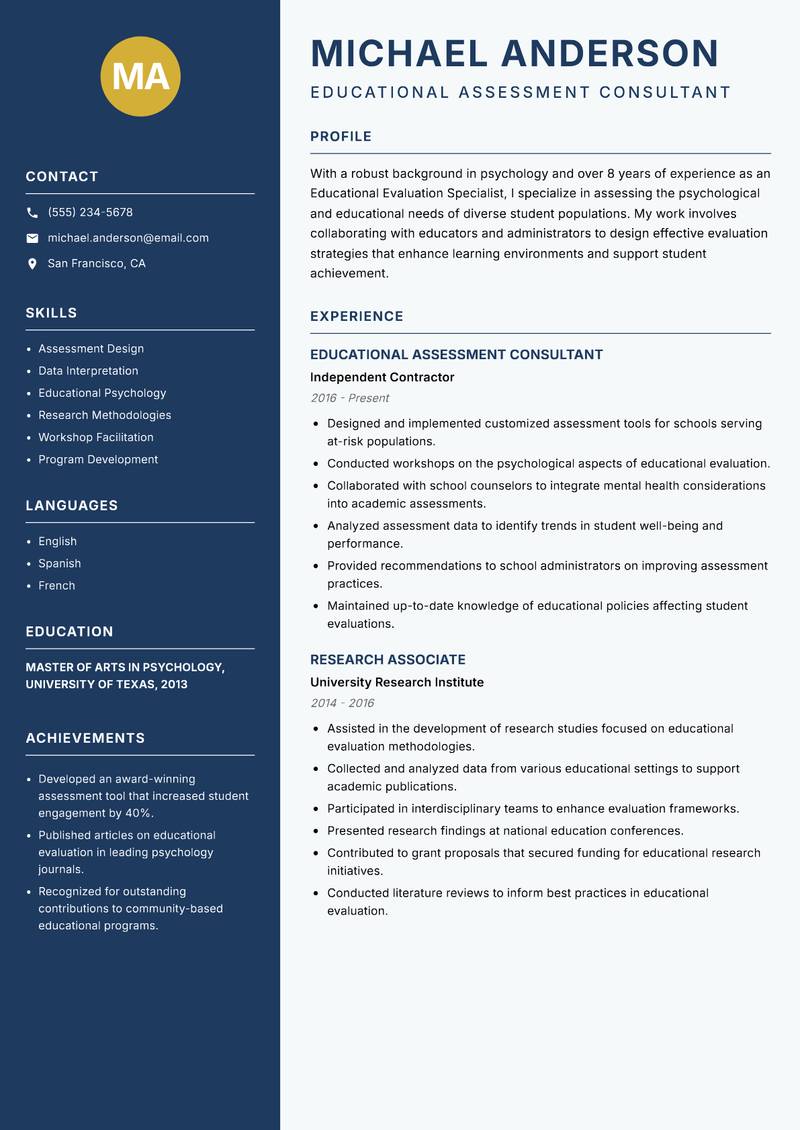 Educational Evaluation Specialist Resume Preview Example