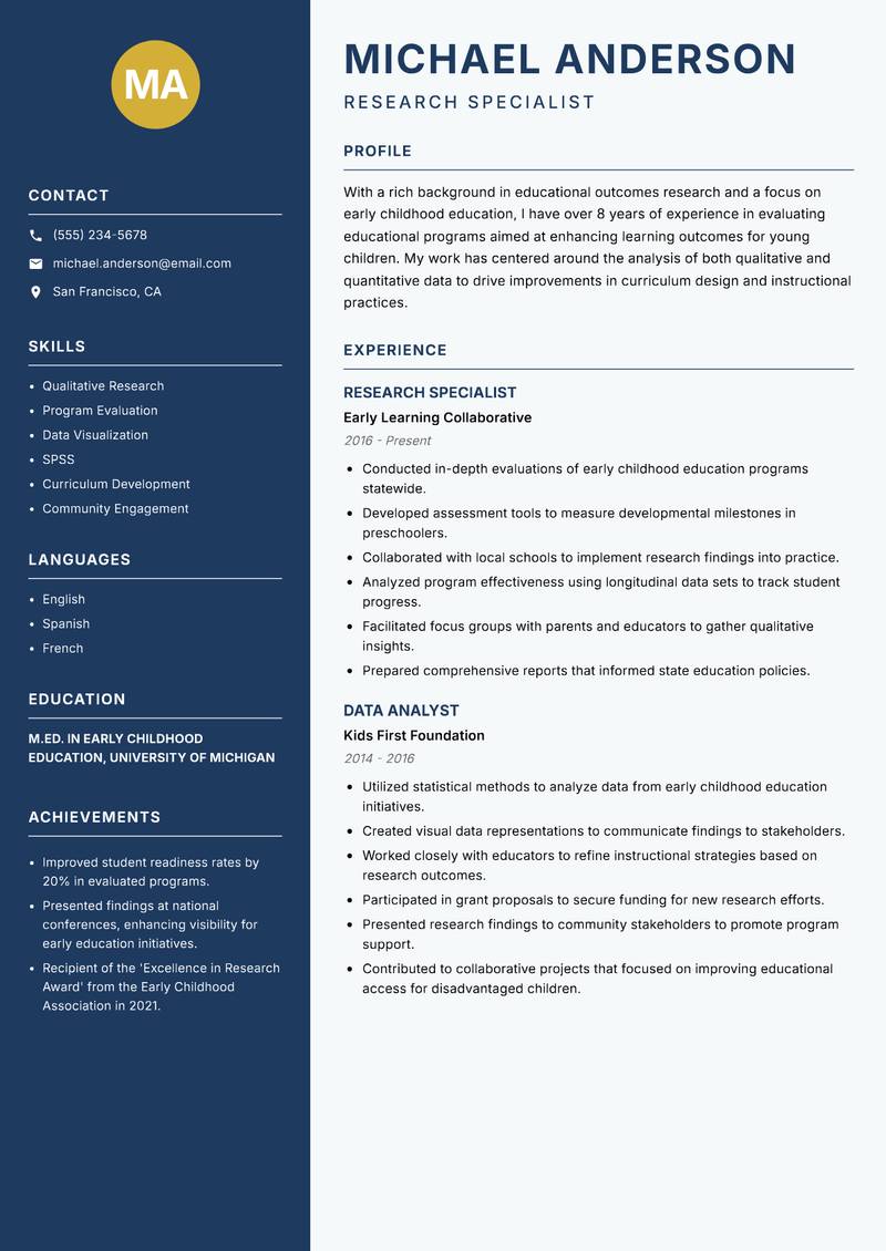Educational Outcomes Researcher Resume Preview Example