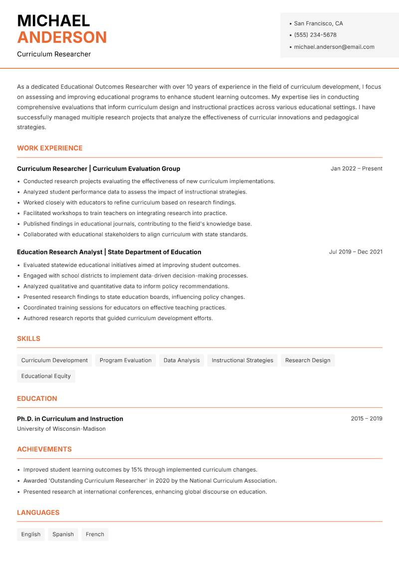 Educational Outcomes Researcher Resume Template