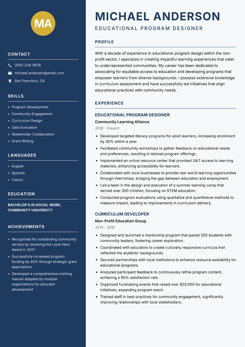 Educational Program Designer Resume Preview Example