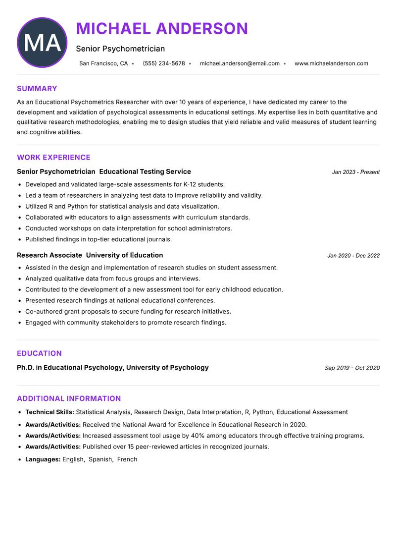 Educational Psychometrics Researcher Resume Preview Example