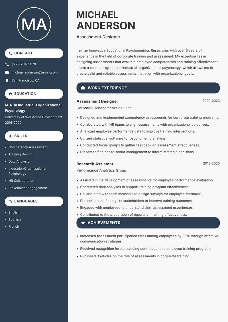 Educational Psychometrics Researcher Resume Preview Example