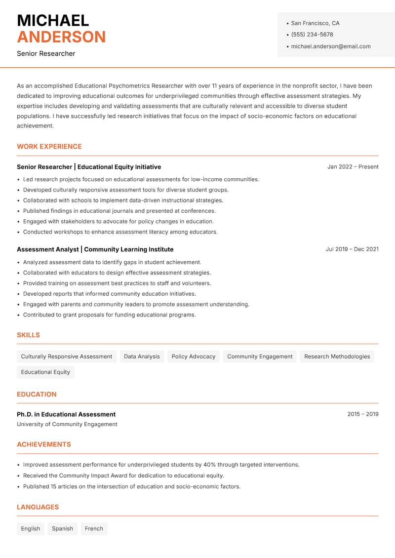 Educational Psychometrics Researcher Resume Template