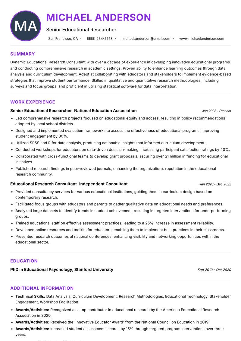 Educational Research Consultant Resume Preview Example